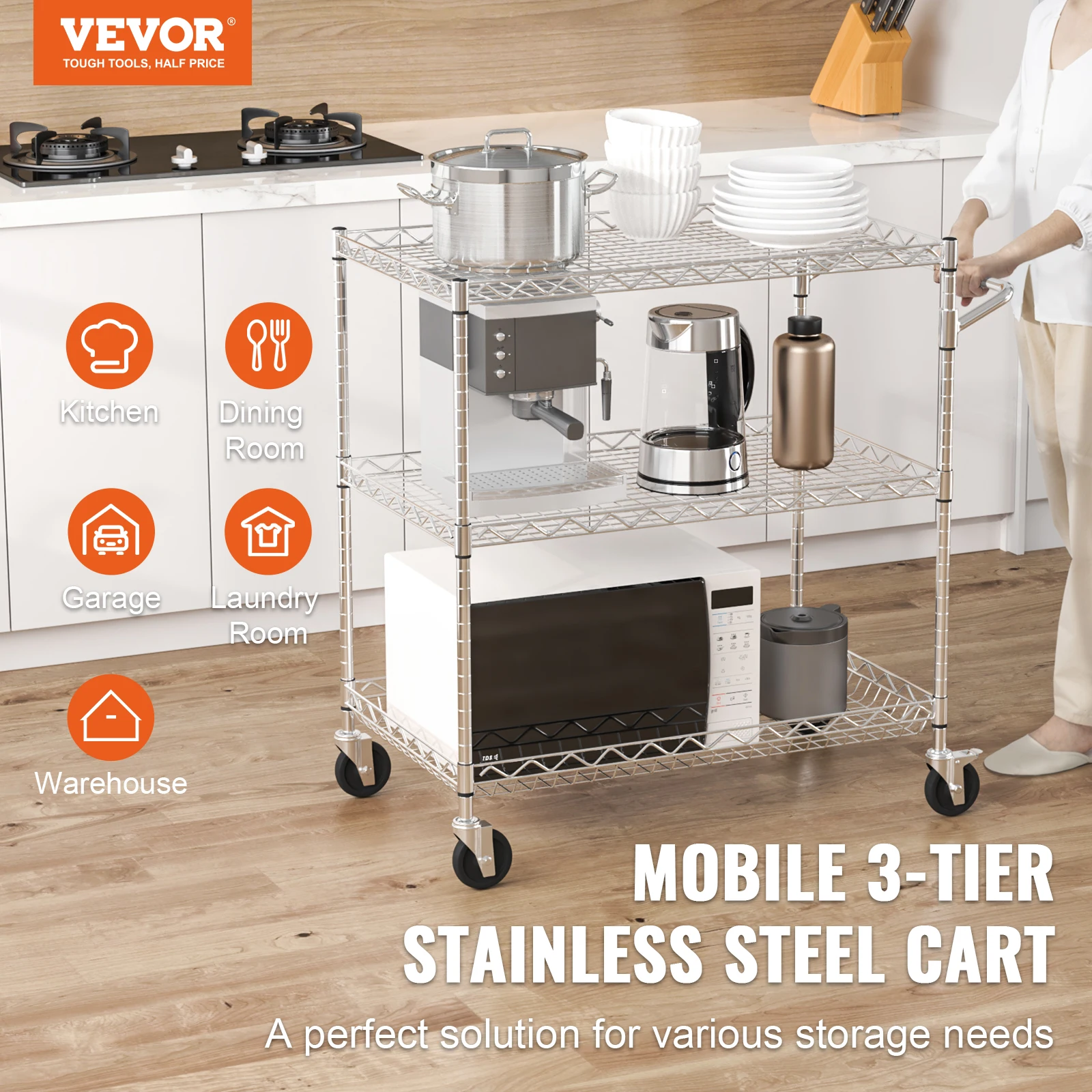 VEVOR Rolling Utility Cart 3-Tier Mobile Shelving Unit Organizer Service Cart on Wheels Metal Storage Trolley for Kitchen  Bar