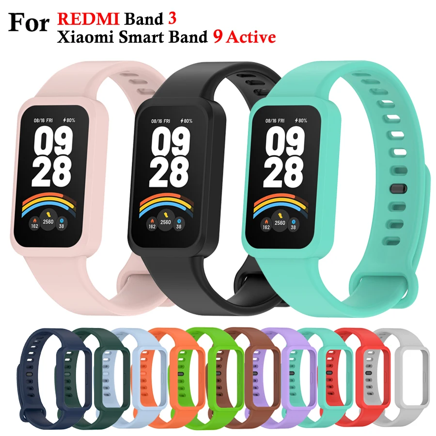 Bracelet en Silicone souple pour Xiaomi Smart Band 9, Bracelet actif, accessoires de montres intelligentes, Bracelet pour Redmi Band 3, avec coque PC
