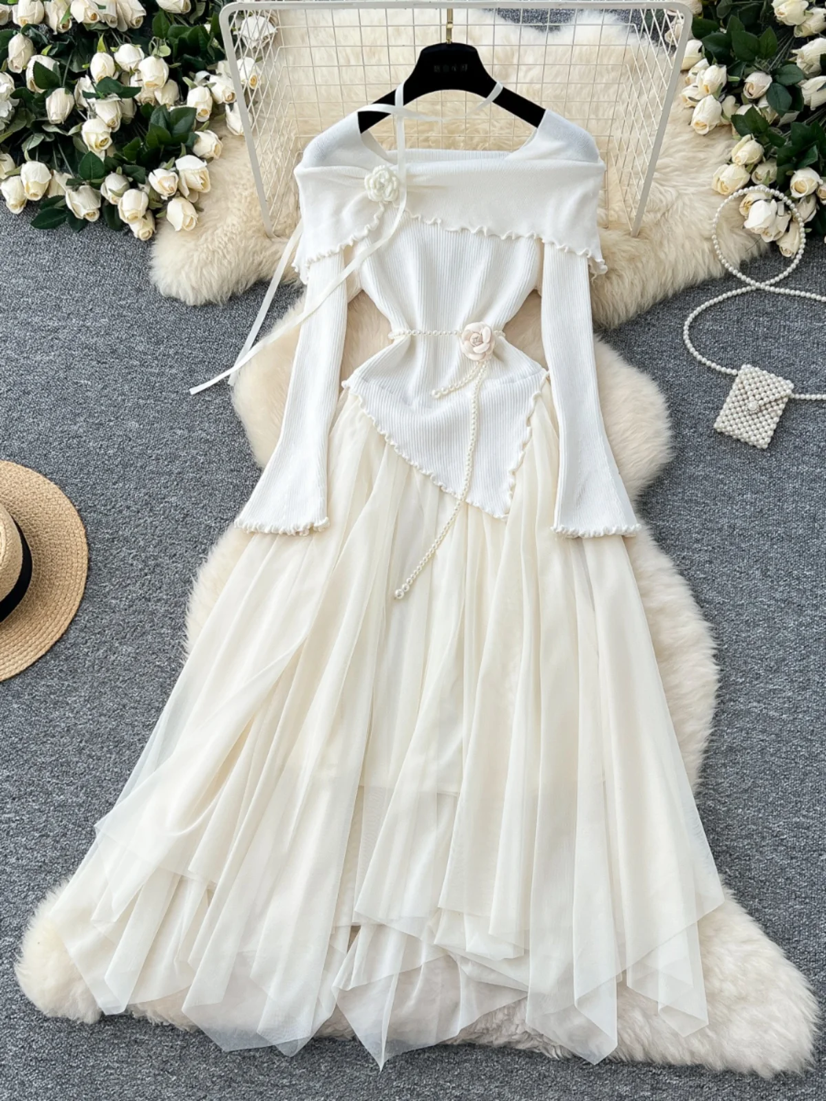 부드러운 바람 꽃 긴 소매 니트 메쉬 푹신한 하이 웨이스트 a 라인 요정 드레스 한국 스타일 통근 겨울 패션 트렌드