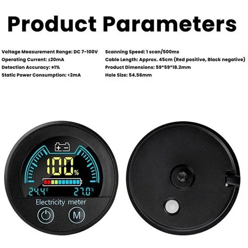 [NEWA64Z!】 Waterproof Round Digital Battery Capacity Indicator Voltmeter DC 7-100V For Acid, Ternary Lithium Iron Phosphate Batt