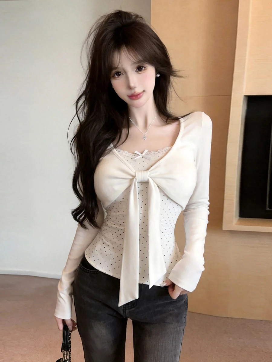 Fashionable Long Sleeve  Knot Belted Slim Fit Base Layer T-Shirt Women's Loose Style Color Block Design Autumn Cotto...