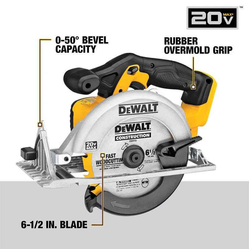 Piła tarczowa DEWALT 20 V MAX, ostrze 6-1/2 cala, silnik 460 MWO, możliwość skosów 0-50 stopni, tylko gołe narzędzie (DCS391B)