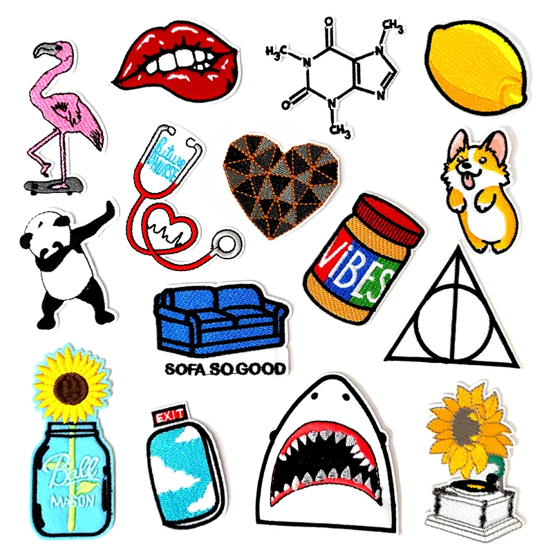 Dog Flamingo Sunflower DIY Patches Embroidery For T-Shirt Iron On Appliques Clothes Jeans Stickers Badges Parche Geometric heart