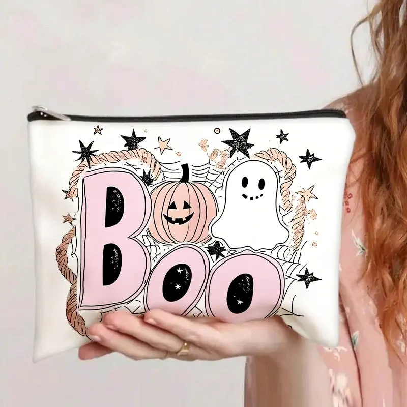 Pink Boo Ghost Pumpkin Halloween Cosmetic Bag Cute Cartoon Print Zipper Makeup Pouch Large Capacity Travel Toiletry Storage Bag