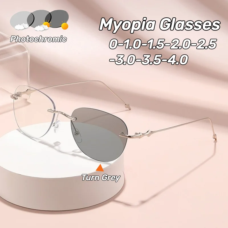 

Men's & Women's Rimless Oval Photochromic Myopia Glasses Ultra-Light Fashion Blue Light Blocking Minus Diopter Eyeglasses