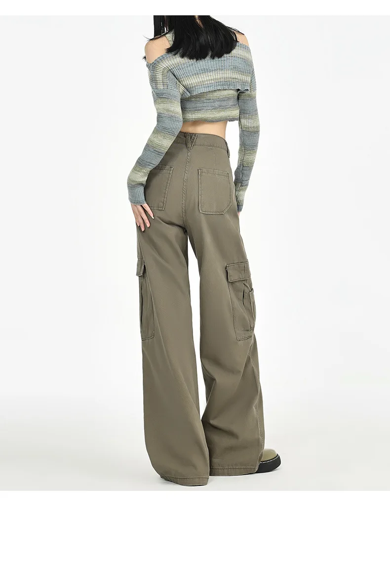 ใหม่สีทึบสบายๆกางเกงยีนส์ขากว้างเอวสูง, สุภาพสตรี Four Seasons แฟชั่นใหม่และกางเกงยีนส์คาร์โก้ยาวพื้นลําลองอเนกประสงค์