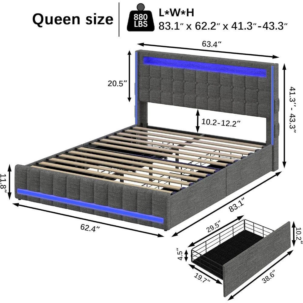 Upholstered Queen Size Bed Frame with 4Storage Drawer,RGB LEDLight,Charging Station,Adjustable Headboard,Slats Support,Dark Gray