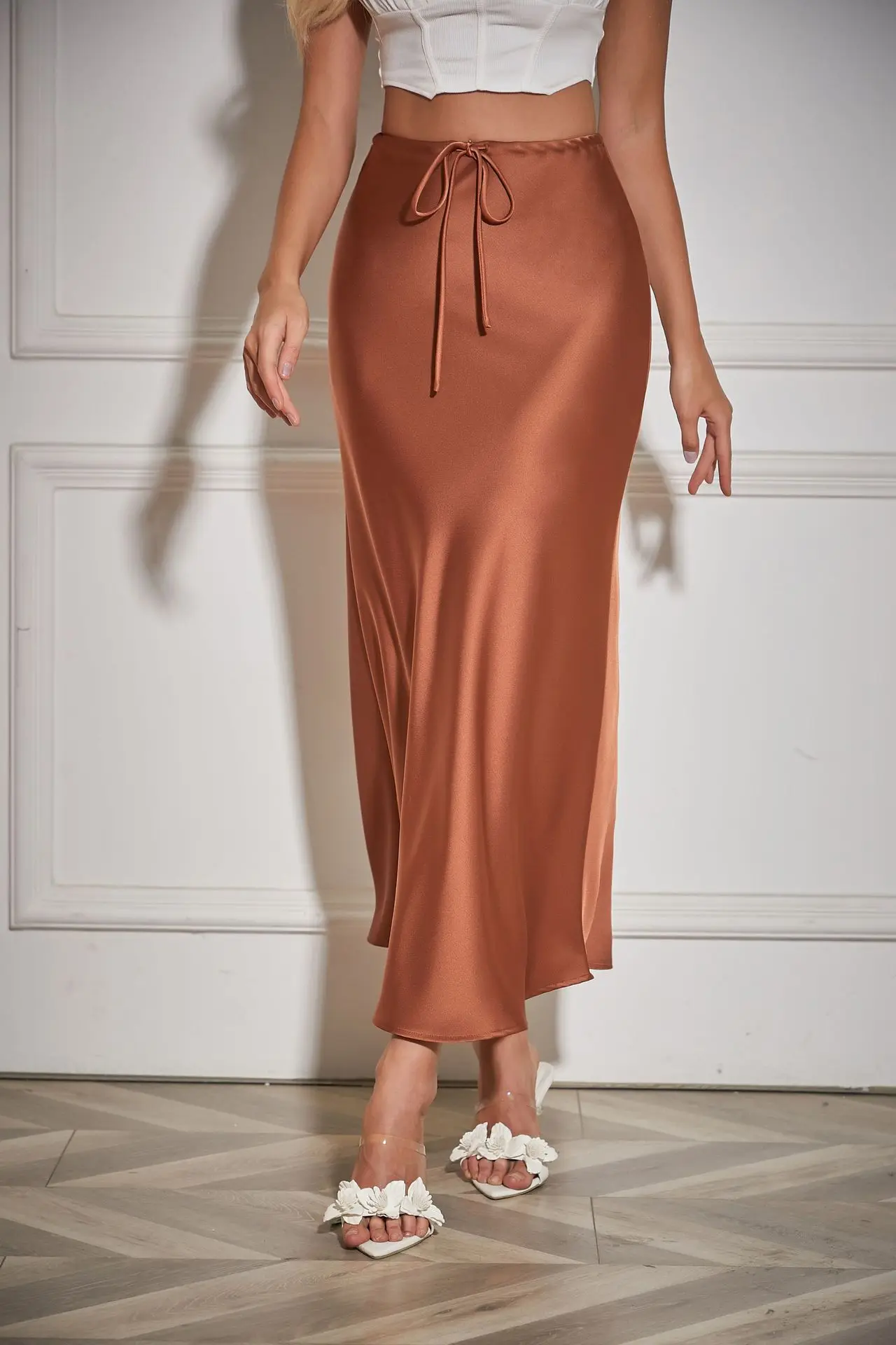 New In 2026 Spring Summer Solid Color Satin Long Skirt For Women High Waist Lace-Up Fashion Elegant Faldas