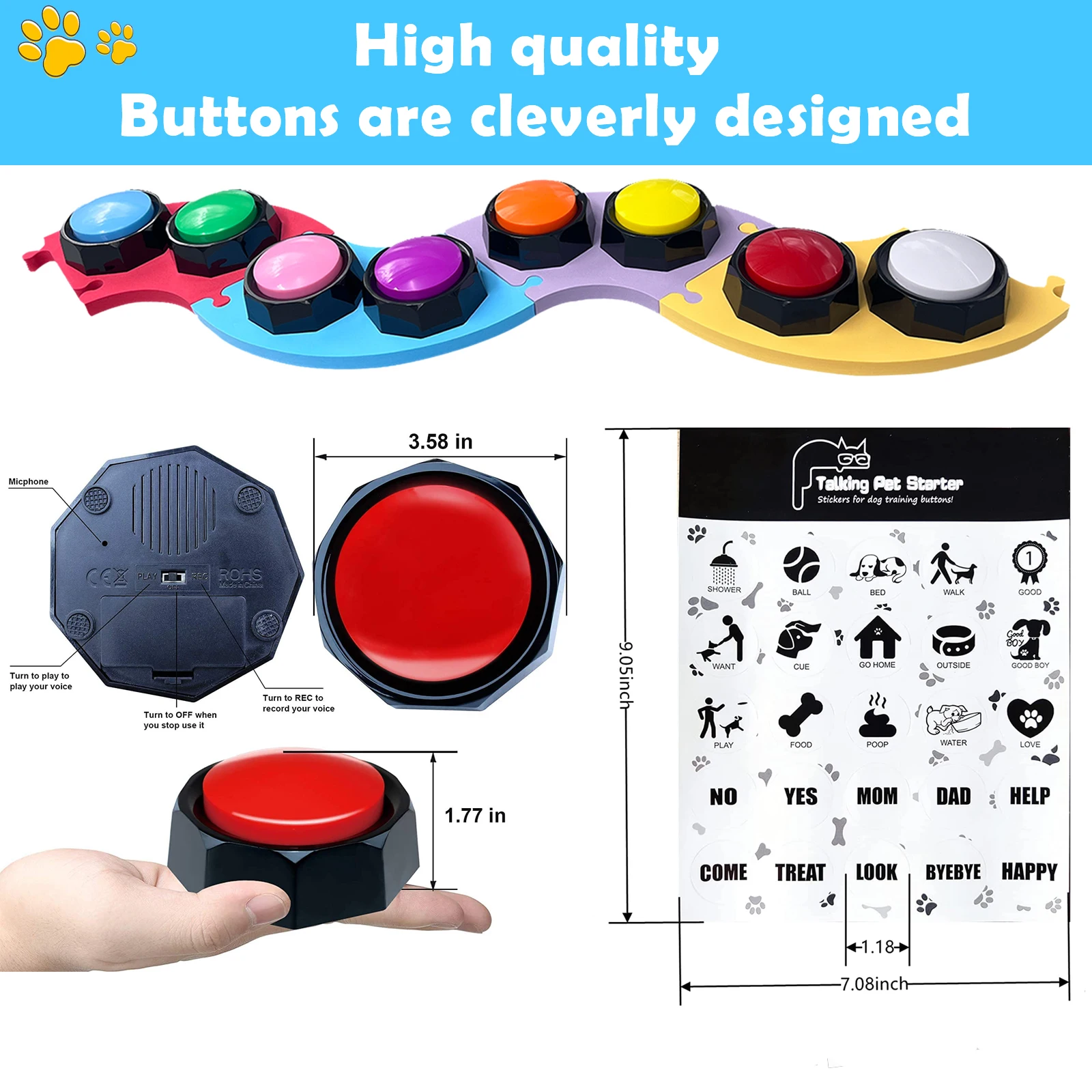 Pet Record Speaking Button Set of 8 Colors Dog Buttons with EVA Mat for Communication Training Buzzer Button Interactive Dog Toy