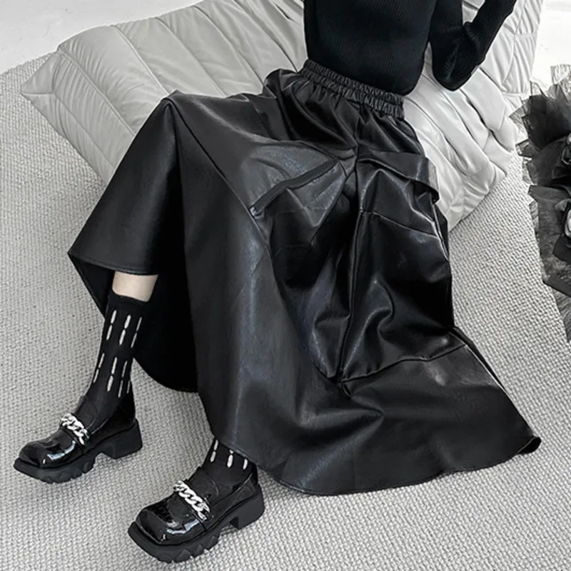 HKSH Lente Herfst Nieuwe Vrouwen Rok PU Leer Elastisch Getailleerde Asymmetrische A-lijn Geplooide Veelzijdige Donkere Retro Chic Rokken HK16649