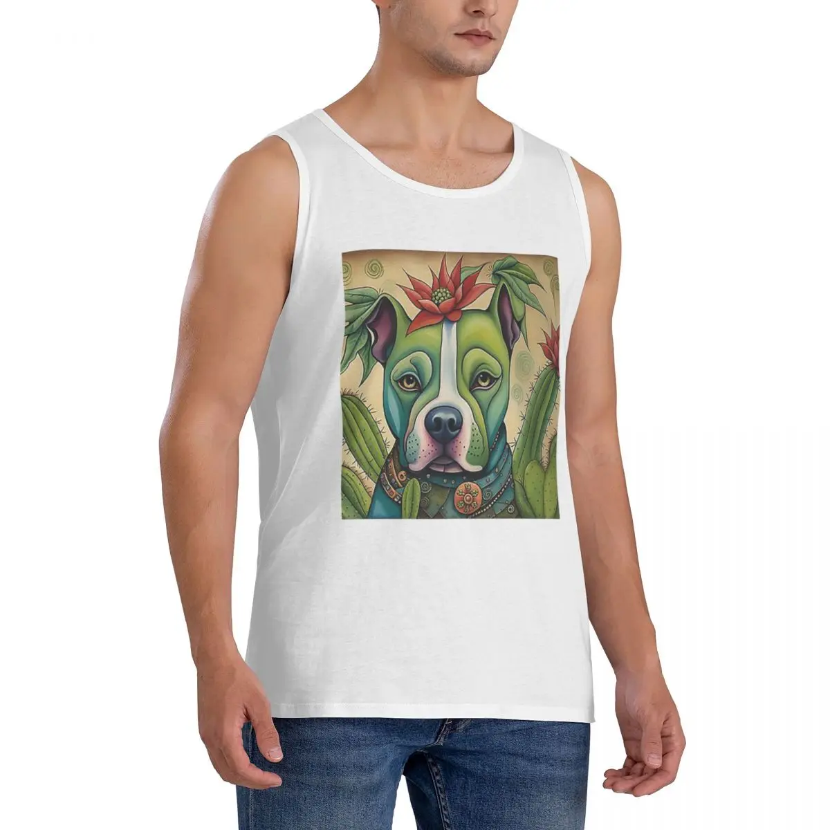 100% Cotton Pit Bull Prickly Portraits Sleeveless T-Shirt Men Workout Sports Clothing Tops Men's Crew Neck Vest