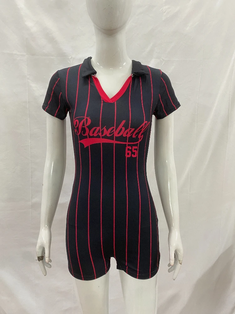 Summer clothing, New Fashion 2025, women's V-neck casual jumpsuit, one-piece, tight shorts, sportswear, printed baseball letters