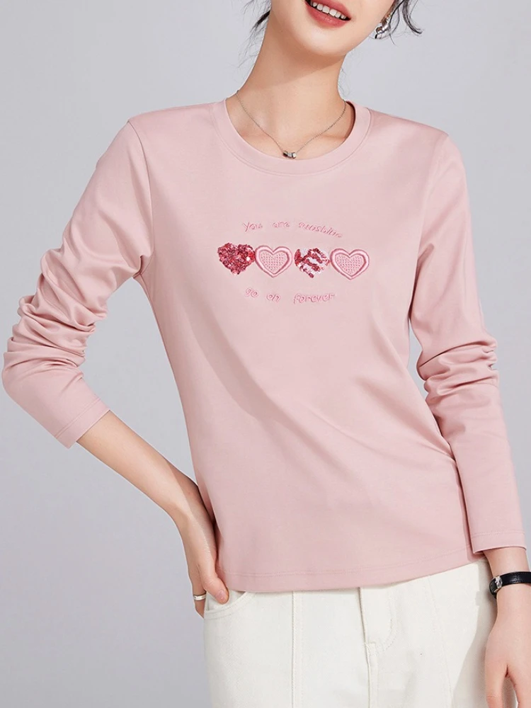 

Женские топы из мерсеризованного хлопка с длинными рукавами, осень 2023, новинка, свободная посадка с вышивкой в виде сердца, повседневная блузка для похудения, большие размеры