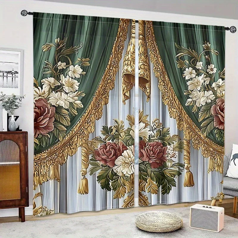 2PCS Dark Green Gold Floral Print Curtains, 2D Flat Printed European Luxury Damask Valance Pattern Window Drapes for Home Decor