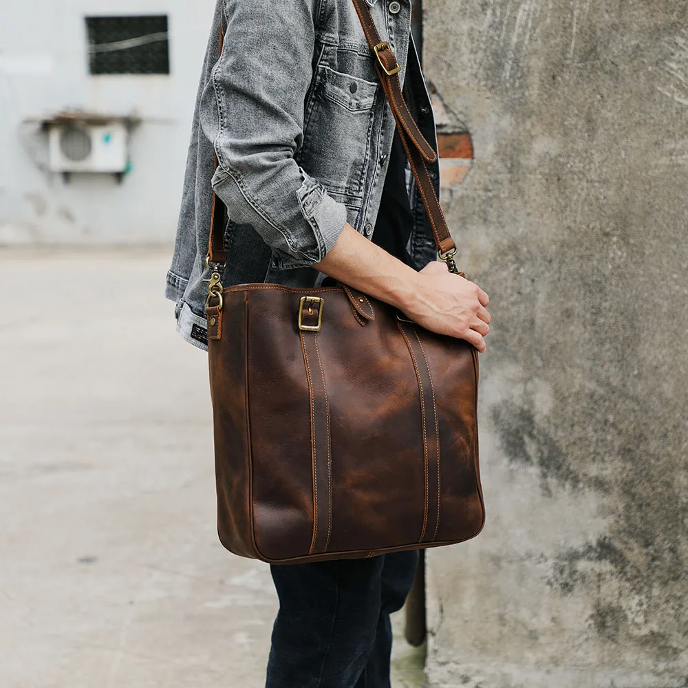 S.WORKER Vintage Echtleder Herren-Tragetasche Handgefertigte Aktentasche Schultertasche Damen Freizeittasche Crazy-Horse Rindsleder – Detail 6