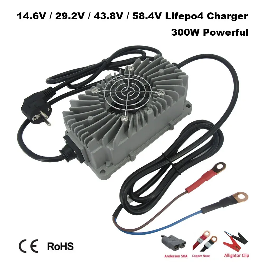 300W Waterproof 12V 15A 24V 10A 36V 6A 48V 5A LiFePO4 Charger 14.6V 29.2V 43.8V 58.4V Iron Phosphate RV Energy Storage Charger