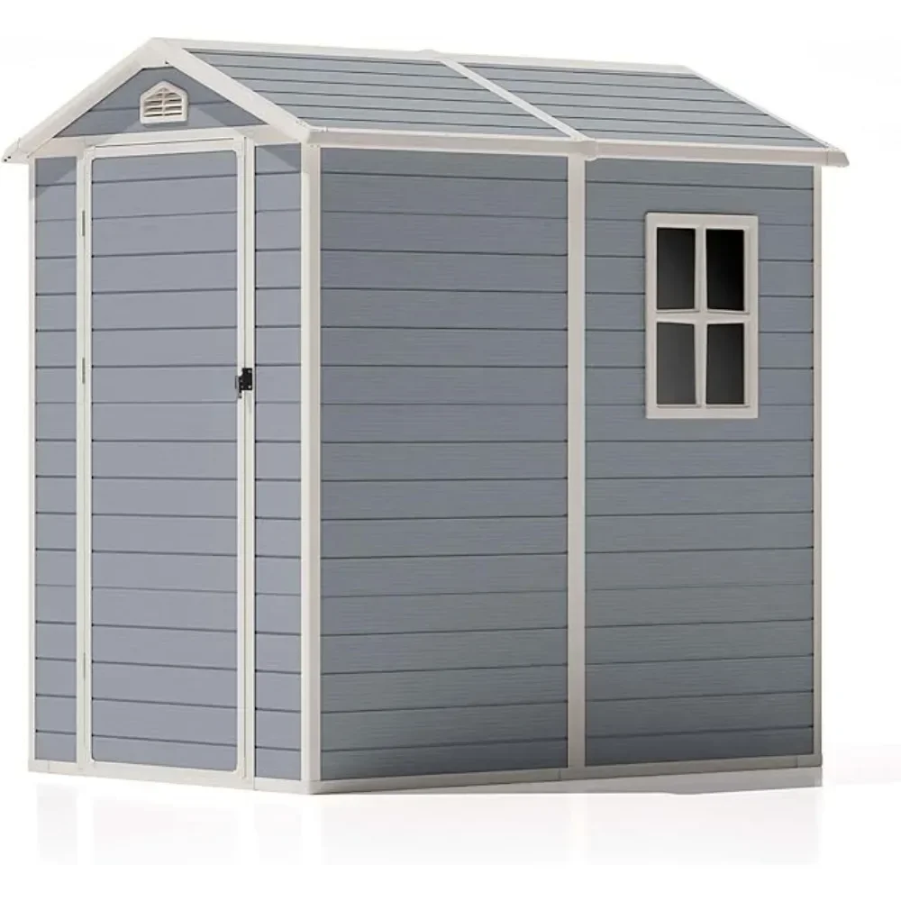 Outdoor Storage Shed, Resin Storage Shed with Floor & Lockable & Window Door for Patio Furniture, Bicycle, Grey