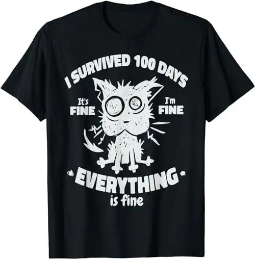 100Th Day Of School Students Kids I Survived 100 Days Cat T Shirt Sweat 32522