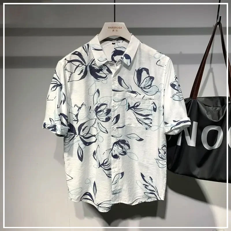 Summer Fashion Trend Chinese Style Lapel Pocket Ink Print Light and Thin Breathable Loose Casual Short Sleeved Shirt for Men