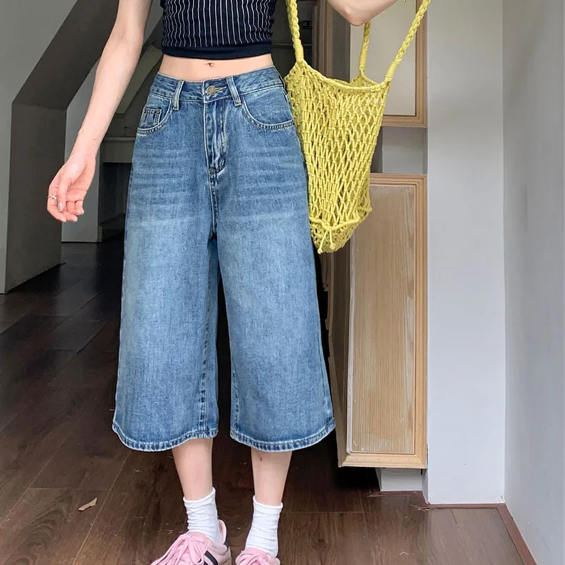 

2025 Summer/Autumn Women's Y2K Jeans Vintage Denim Shorts High Waist Straight 7/8 Length 2735