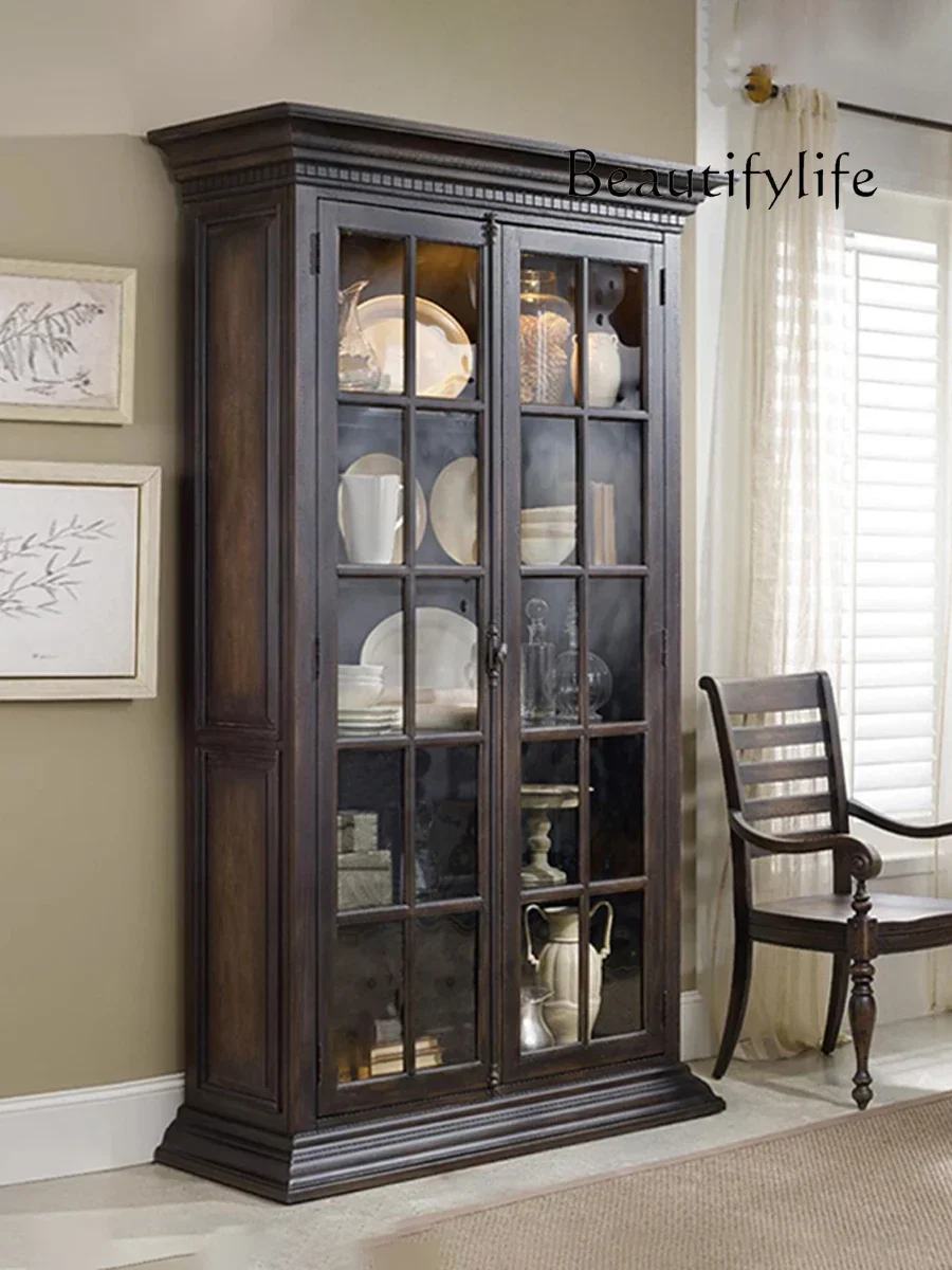 

French retro solid wood bookcase bookshelf American old glass door display storage storage side cabinet