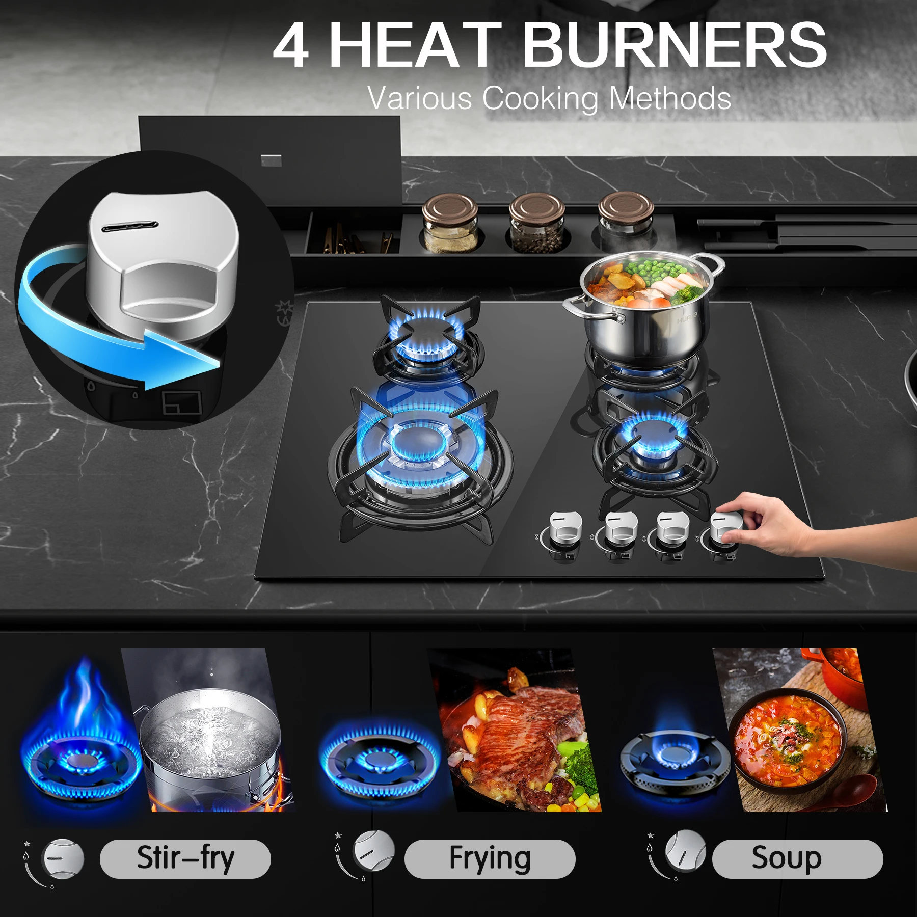 موقد غاز مدمج 60 سم 4 شعلة | المزدوجة الحرارية التلقائية وقفل الأمان | زجاج مقسى 4 مناطق 8060 وات مع إشعال تلقائي #5