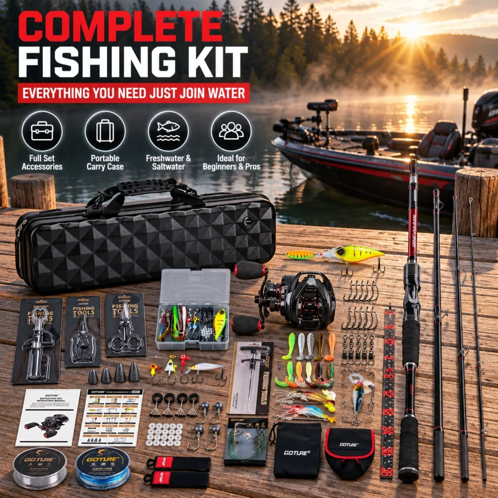 Goture 4-Piece Casting Rod Baitcasting Reel Combo,Reel Full Fishing Tackle Kit with Hard Carry Case Lures Hooks Line for Fishing