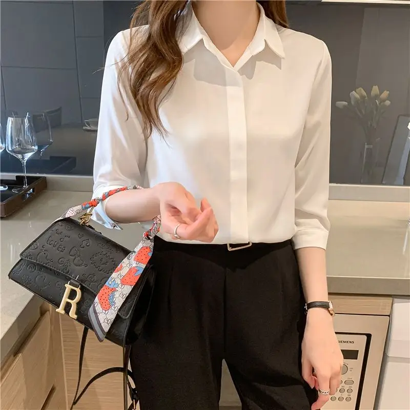 Women\'s 2022 New Spring Autumn Korean Fashion Color-blocking Shirts Long-sleeved Bottoming Loose Chiffon Shirts Elegant Clothing