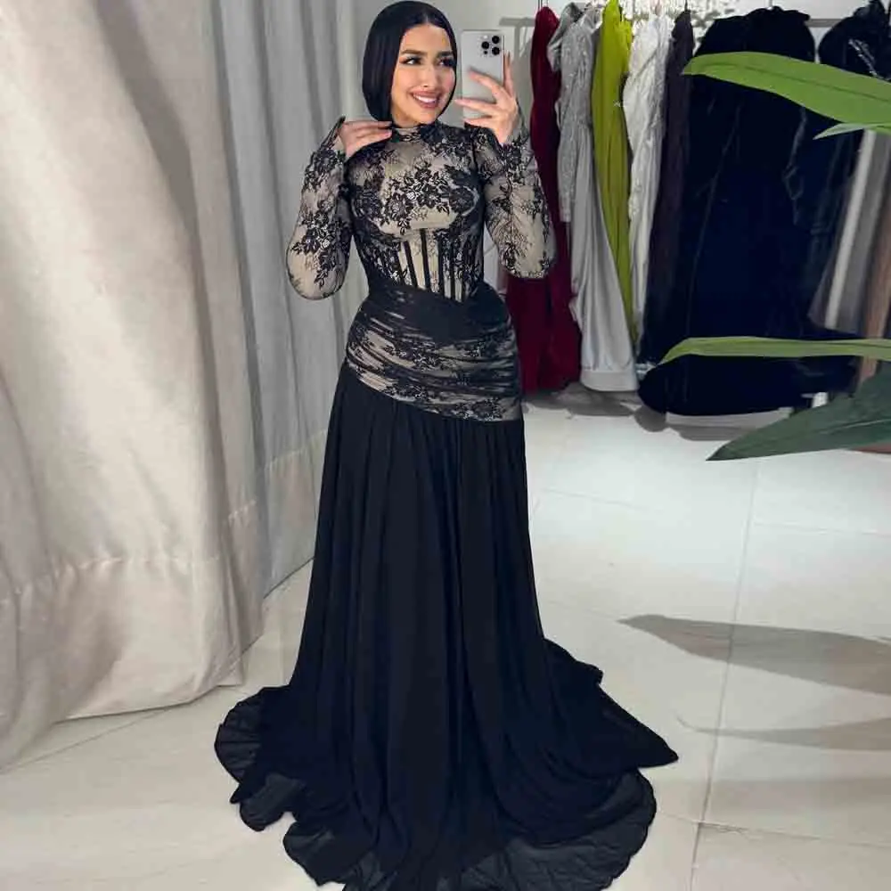 Customized Modest Lace Muslim Evening Dress Ruched Chiffon Corset Wedding Guest Formal Gown Black Chiffon Hijab Dresses
