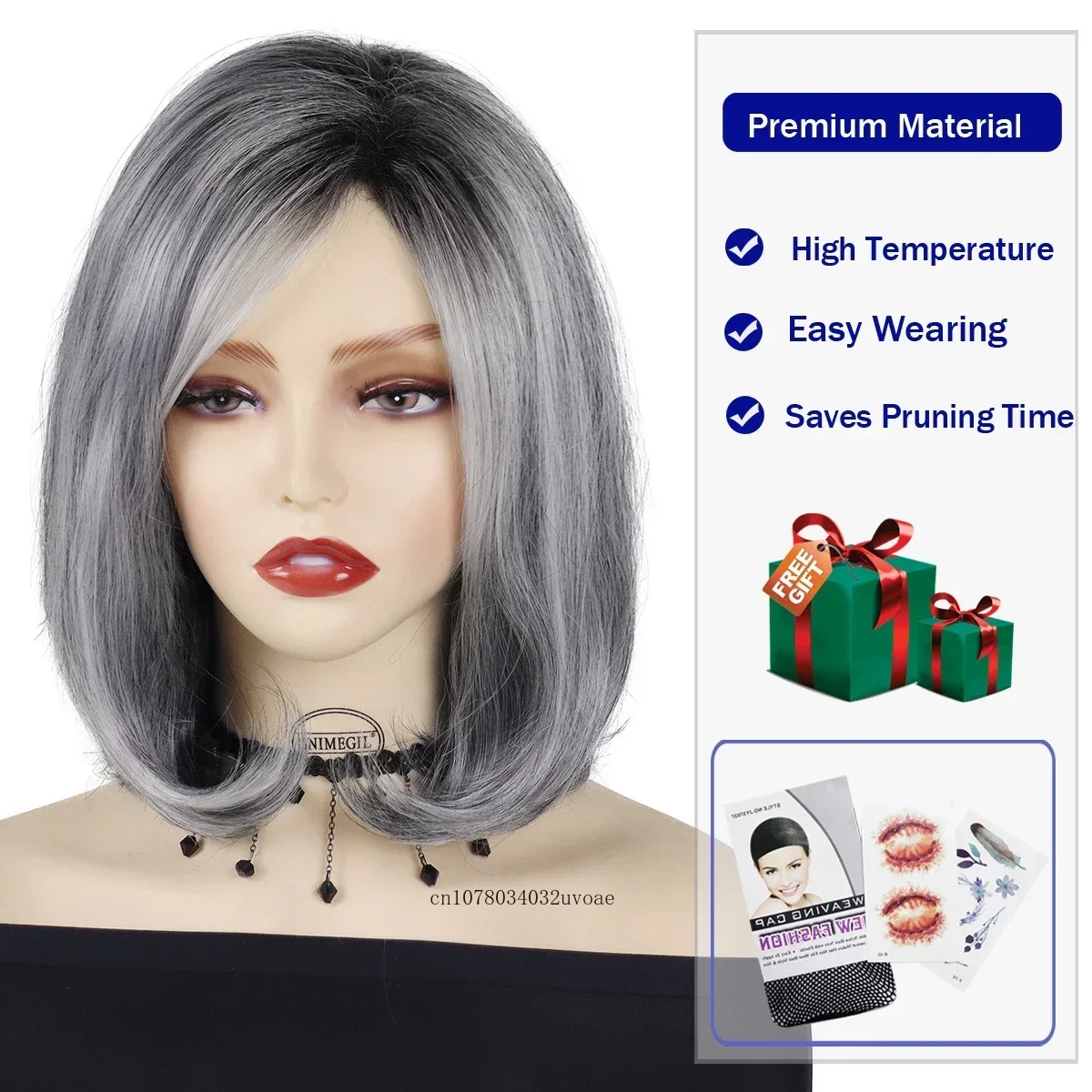 Short Grey Wig Natural Synthetic Bob Wigs Dark Root Seniors Women Wig Natural Haircuts Trendy Elderly Curly Hair Ombre Color Wig