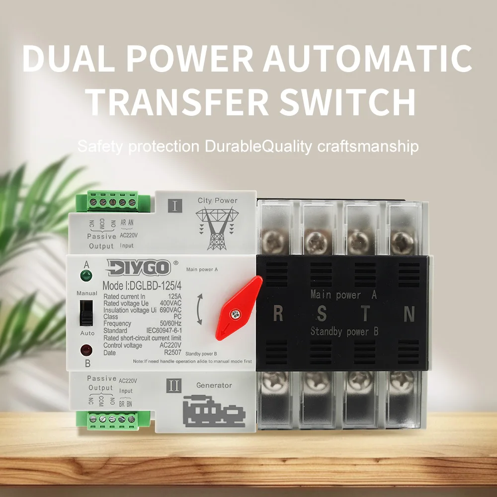 4P ATS Three Phase Automatic Transfer Switch Dual Power Electrical Selector Switches 125A 220V/110V Uninterrupted Power 50/60Hz