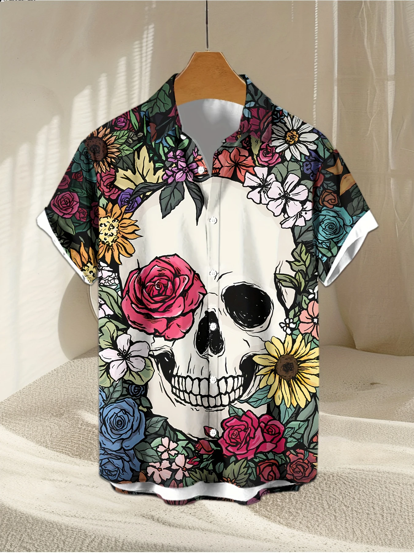 Camicia stampata in 3D con teschio colorato Street Hip Hop Personalità della moda Top casual da uomo Camicia hawaiana a maniche corte allentata estiva