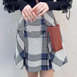 Kuzuwata autunno vita alta Plaid contrasto colore Slim Jupe con pantaloncini di sicurezza gonna a pieghe giappone Harajuku Faldas Mujer Moda 2024