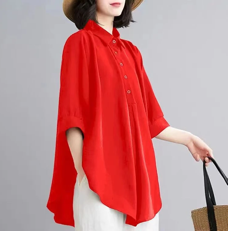 فضفاض غير رسمي لون نقي irt المرأة 2023 صيف جديد الكورية Sle سبعة أرباع Sve طوق زر متابعة منتصف طول