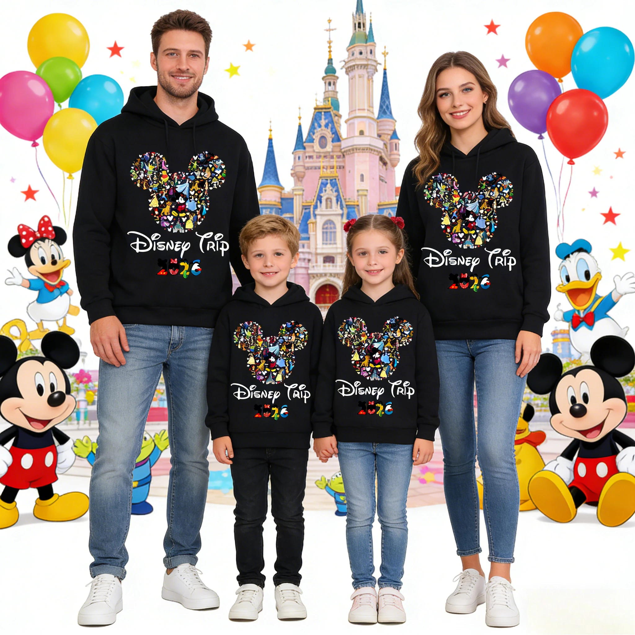 2026 סתיו וחורף קפוצ'ונים להורים וילדים, 100% סווטשירטים טהורים עם קפוצ'ון, הדפס קולאז' דמויות יוניסקס של דיסני טריפ 2026