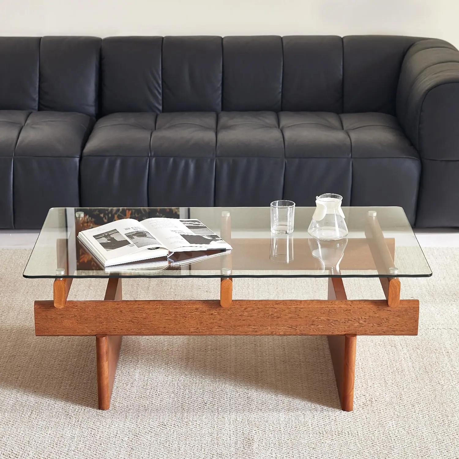 โต๊ะกาแฟกระจกสำหรับห้องนั่งเล่น, โต๊ะกาแฟไม้เนื้อแข็ง 100% พร้อมท็อปกระจกนิรภัยทรงสี่เหลี่ยม, โต๊ะกาแฟสไตล์โมเดิร์นกลางศตวรรษ
