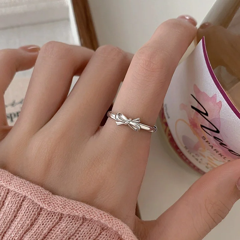 Nieuwe Zoete Boog Wijsvinger Ringen Voor Vrouwen Mini Strik Ontwerp Eenvoudige Effen Opening Ring Cadeau Voor Meisje Sieraden Accessoires