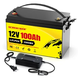 12V 100Ah LiFePO4 lithiumbatterij, verbeterde 100A BMS, 10 jaar levensduur 6000+ cycli, 1280Wh energie, voor camper, zonne-energie, trollingmotor