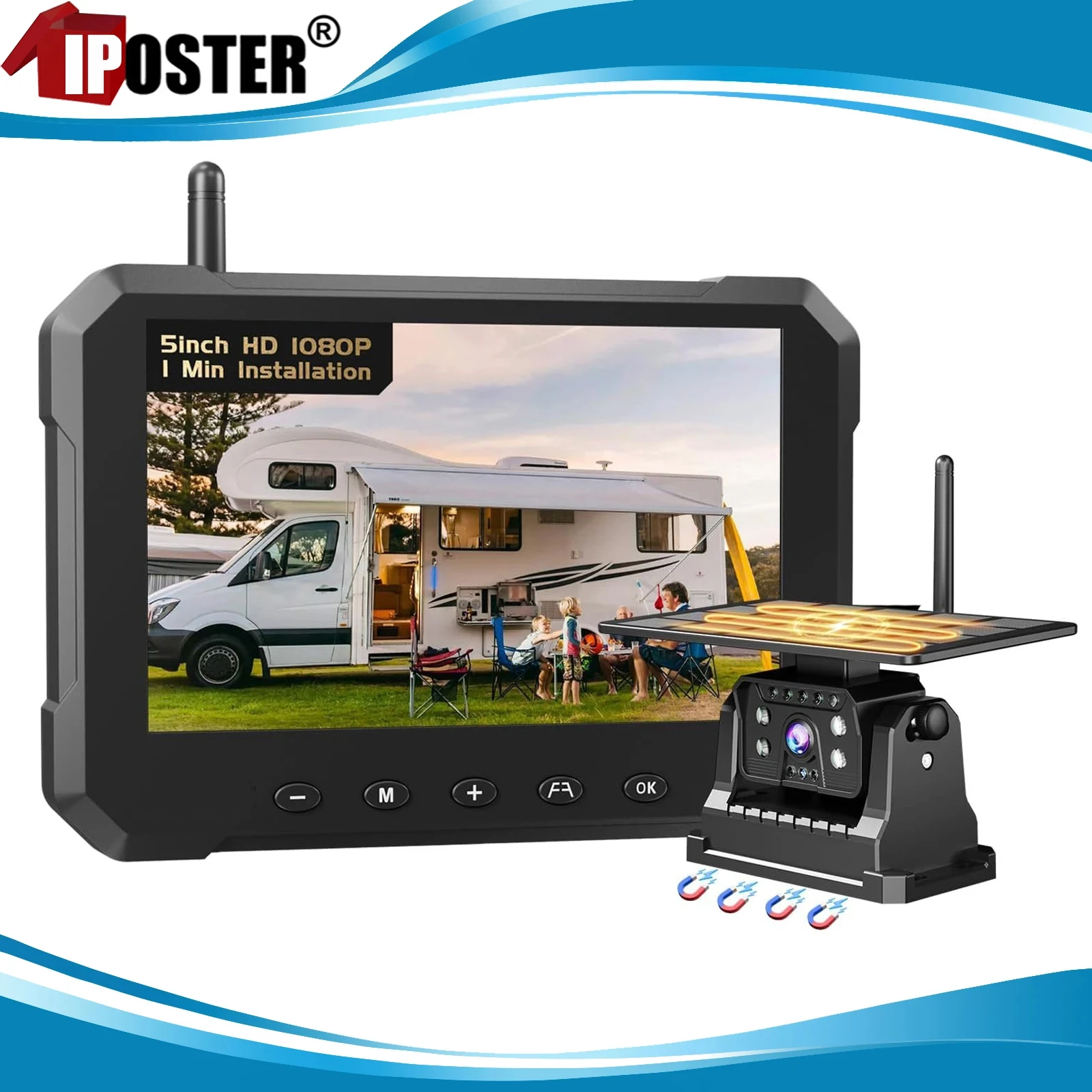

iPoster Wireless HD 1080P 5 Inch Rear View Monitor Wtih Magnetic Solar Wireless Backup Camera For RV Trailers Truck Caravan Van