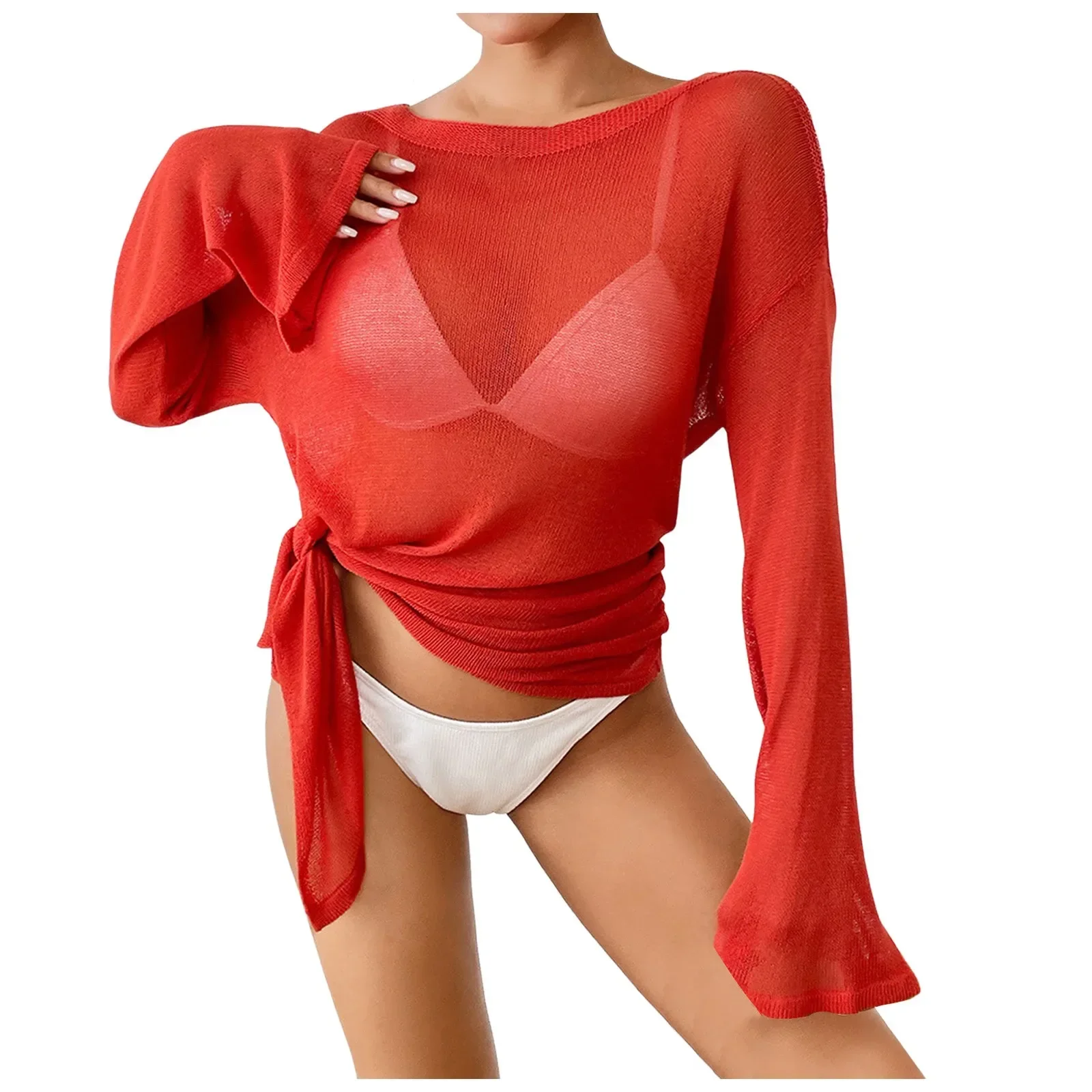 بيكيني نسائي يغطي مثير بلون واحد من التول شفاف على الشاطئ وحمام السباحة ملابس سباحة صيفية برقبة دائرية وأكمام طويلة 2025