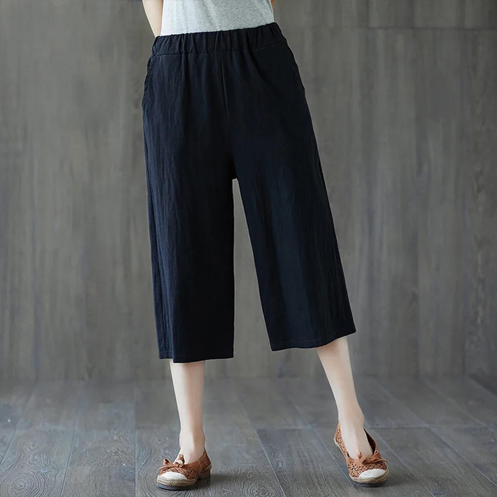 Summer Elastic Waist Women's Pants Casual Solid Cotton Linen Ankle Length Pants Female High Quality Baggy Trousers