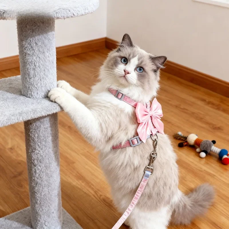 Verstellbares Haustiergeschirr mit Zugseil für Katzen, Kätzchen, Welpen, Kaninchen, Frettchen, süßes Katzengeschirr, Leine, Katzengeschirr, Leine zum Gehen – Detail 3