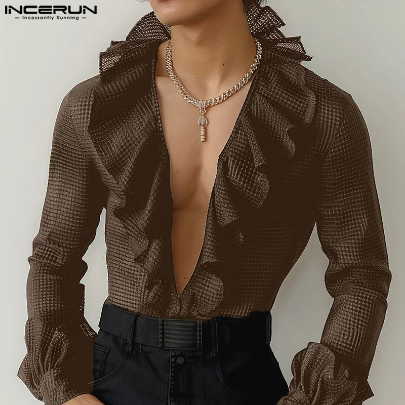 

INCERUN Tops 2024 Fashion New Men's Texture Ruffled Edge Design Shirts Sexy Male Solid Color All-match Long Sleeved Blouse S-5XL