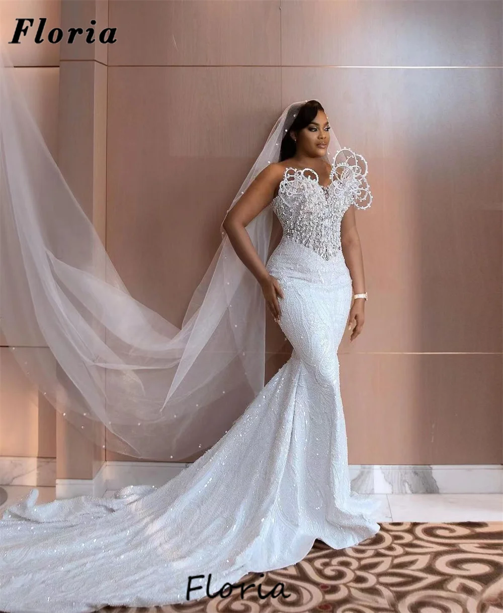 Elegant Mermaid Bride Evening Dresses Saudi Arabic Pearls Formal Bridal Gowns Custom Dubai Beaded Sequins Wedding Party Dresses