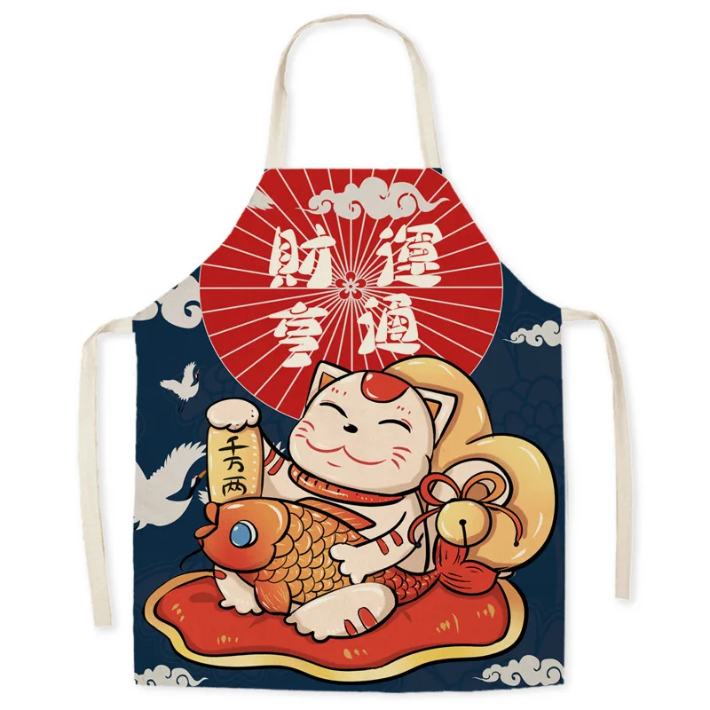 Sleeveless Kitchen Aprons for Women, Japanese Cartoon, Lucky Cat Decoration, Cotton Linen, Home Cooking, Baking Waist Bib Pinafo