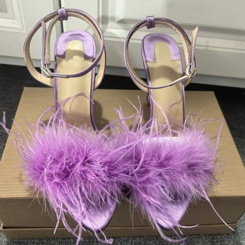 Purple Feather Round Toe Stiletto Sandals Woman Summer 2026 Open Toe One-Strap Slingback High Heel Shoes for Women Fashion Pumps