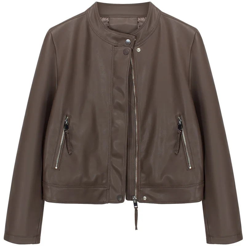 2025 Spring and Autumn New Women's Leather Jacket Stand Up Collar Short PU Jacket