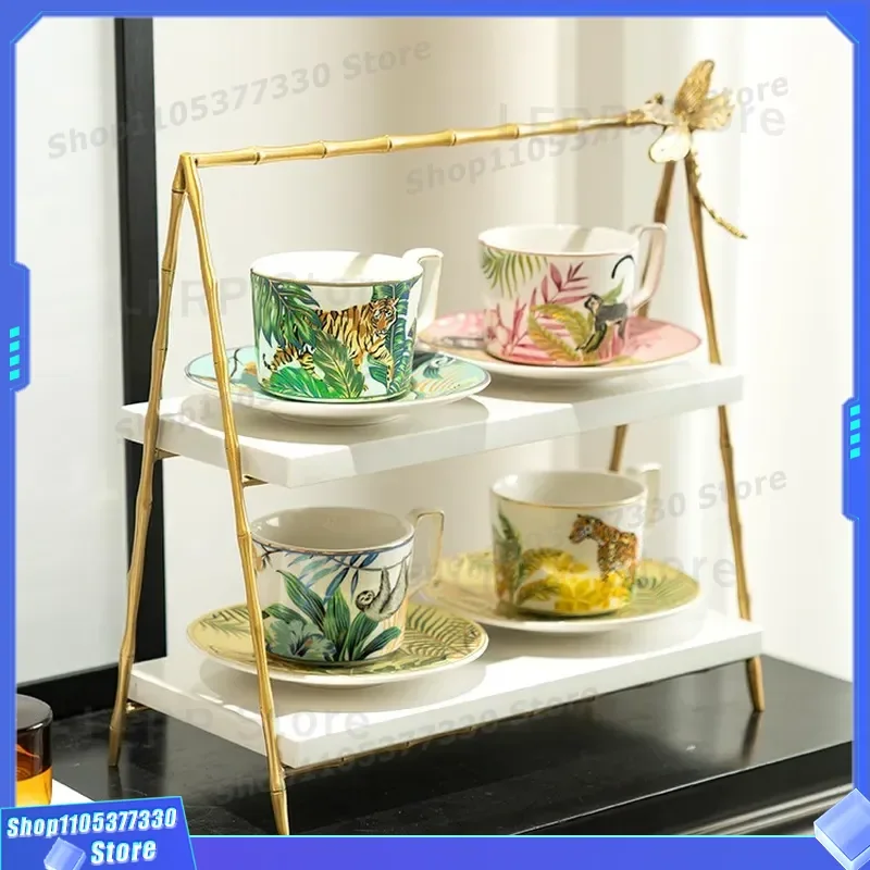 Elegant Brass Marble Cup Holder with Dragonfly Motif Desktop Storage Stand for Living Room Afternoon Tea Snack Tray Display