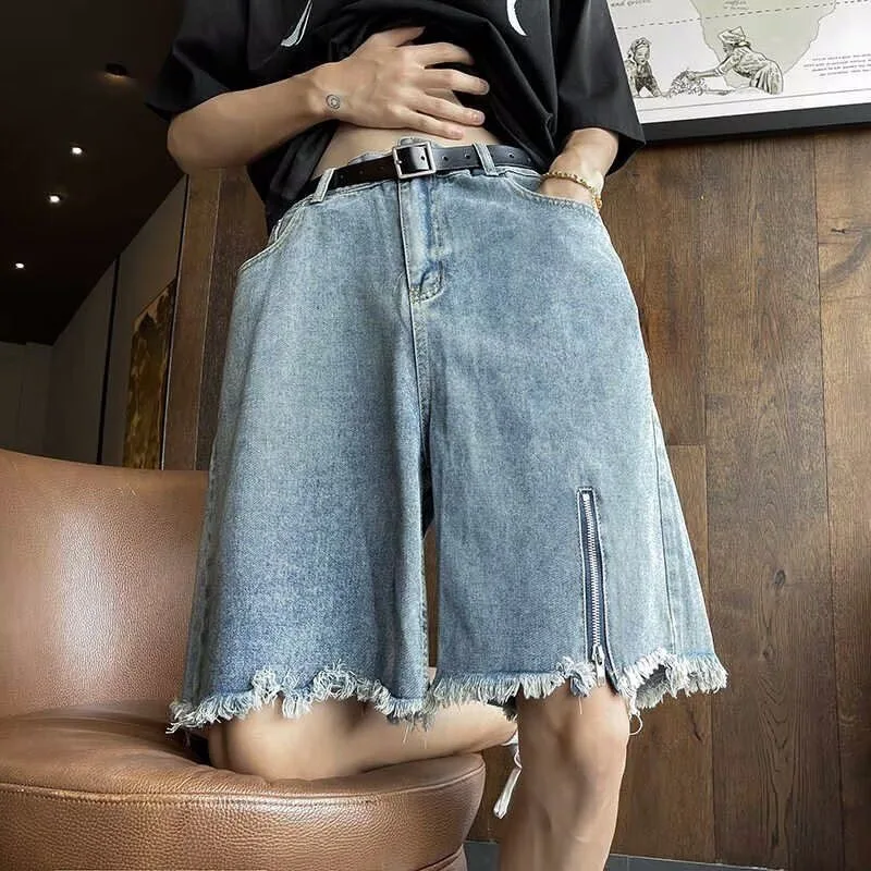 

Male Japanese Style Vibe High Street Denim Shorts Men Boy Loose Summer Thin Vintage Ripped Cuff Shorts Trendy Knee Length Shorts