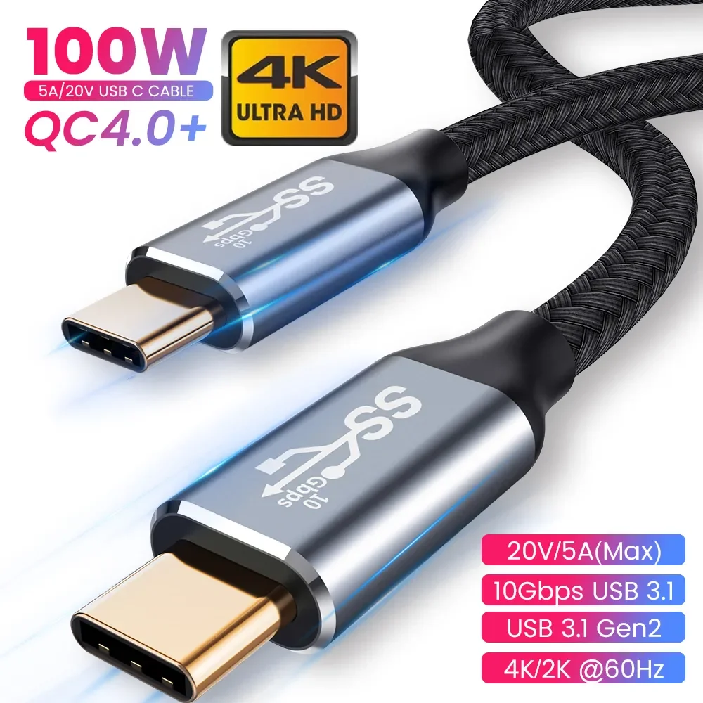 

5A 100W USB C 3.1 Cable Type-C To C 10Gbps High-Speed Data Transmission Cable HD 4K 60Hz Video Cable Audio Cable For Laptops PC